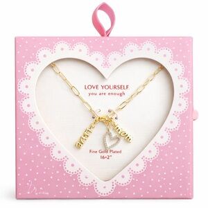 Gold-Plated 'Mom' & 'Love' Charm Necklace with Pave Heart - Pink